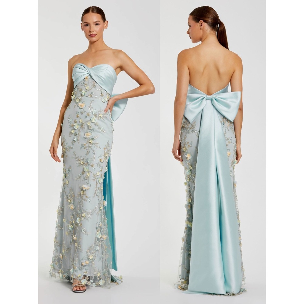 NWT Mac Duggal Blue Strapless Sweetheart Embellished Gown With Bow $898 Size 14